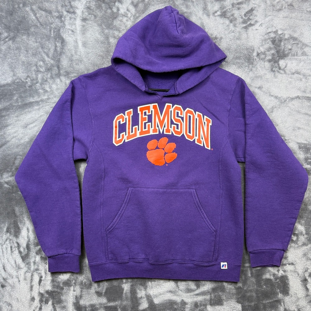 Russell Athletic Clemson Hoodie Mens Medium Purple Tigers Paw Print Sweatshirt